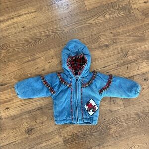 Vintage Toddler Girls Denim & Plaid Tartan Warm Hooded Puffer Scottie Nostalgia